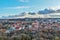 Aerial cityscape of Vilnius city old town with red roofs and churches