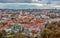 Aerial cityscape of Vilnius city old town with red roofs and churches