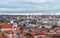 Aerial cityscape of Vilnius city old town with red roofs and churches