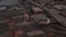 AERIAL: Close up circle flight over Brooklyn Bridge with american flag and foggy Manhattan New York City Skyline