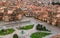 Aerial close up over Plaza de Armas in Cusco