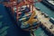 Aerial close up view of a cargo container ship. Fully loaded container ship at the cargo terminal in a seaport, port