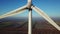 Aerial close up view of rotor of wind turbine