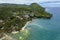 Aerial of the coastline and hilly landscape of the town of Valencia, Bohol, Philippines