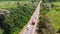 Aerial. Countryside highway traffic with truck and lorry. Top view