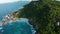 Aerial crane over Anse Marron beach in beautiful backlight in morning