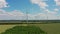 Aerial crane shoot of wind power turbines farm neer Vienna in Austria.