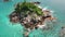 Aerial crane tilt down at tiny islet St. Pierre with granite and palms