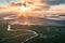 Aerial distant view of the Mont Saint-Michel during sunset in Normandy, France