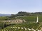 Aerial distant view Montesa castle and agricultural fields, Spain