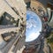 Aerial distorted panorama of The Saint Nicholas Church and Gent cityscape from the Belfry of Ghent