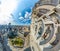 Aerial distorted panorama of The Saint Nicholas Church and Gent cityscape from the Belfry of Ghent on a sunny day.