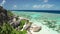 Aerial dolly over Anse Source d`Argent, La Digue Island, Seychelles