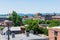 Aerial of Downtown Frederick and Carrol Creek Promenade in Frederick, Maryland