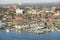 Aerial of downtown Portland Harbor and Portland Maine with view of Maine Medical Center, Commercial street, Old Port and Back