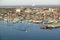 Aerial of downtown Portland Harbor and Portland Maine with view of Maine Medical Center, Commercial street, Old Port and Back