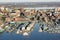 Aerial of downtown Portland Harbor and Portland Maine with view of Maine Medical Center, Commercial street, Old Port and Back