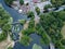Aerial downward shot of pub and road on the river in Hertfordshire