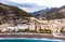 Aerial drome sunset view of resort village Minori Amalfi coast Italy