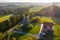 Aerial drone beautiful view on old traditional windmill in middle autumn. Germany  rural landscape in sunny evening