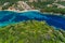 Aerial drone bird`s eye view of of Agia Paraskeui Beach with turquoise sea in complex islands in Parga area, Ionian sea, Epirus,