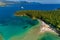 Aerial drone bird`s eye view of Bella Vraka Beach with turquoise sea in complex islands in Sivota area, Ionian sea, Epirus, Greec