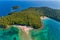 Aerial drone bird`s eye view of Bella Vraka Beach with turquoise sea in complex islands in Sivota area, Ionian sea, Epirus, Greec