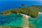 Aerial drone bird`s eye view of Bella Vraka Beach with turquoise sea in complex islands in Sivota area, Ionian sea, Epirus, Greec