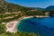 Aerial drone bird`s eye view of of Mega Drafi Beach with turquoise sea in Parga area, Ionian sea, Epirus, Greece