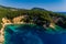 Aerial drone bird`s eye view of of Mega Drafi Beach with turquoise sea in Parga area, Ionian sea, Epirus, Greece