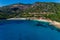 Aerial drone bird`s eye view of of Mega Drafi Beach with turquoise sea in Parga area, Ionian sea, Epirus, Greece