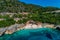 Aerial drone bird`s eye view of of Mega Drafi Beach with turquoise sea in Parga area, Ionian sea, Epirus, Greece