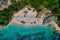 Aerial drone bird`s eye view of of Mega Drafi Beach with turquoise sea in Parga area, Ionian sea, Epirus, Greece