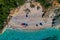 Aerial drone bird`s eye view of of Mega Drafi Beach with turquoise sea in Parga area, Ionian sea, Epirus, Greece