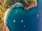 Aerial drone bird`s eye view of sailboats and yachts anchored at Store Beach near Quarantine Station in Manly