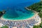 Aerial drone bird`s eye view of Sarakiniko Beach with turquoise sea in Parga area, Ionian sea, Epirus, Greece