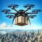 Aerial drone carrying package over an urban cityscape at sunset. Urban technology, commerce concept