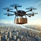 Aerial drone carrying package over an urban cityscape at sunset. Urban technology, commerce concept