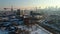 Aerial drone establishing shot footage of Chicago downtown area during the winter