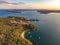 Aerial drone evening view of the Quarantine Station, part of Sydney Harbour National Park. Store Beach in foreground.