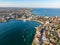 Aerial drone evening view of the Sydney suburb of Manly, a beach-side suburb of northern Sydney, in the state of New South Wales.