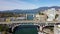 Aerial drone fligh above vancouver downtown bridges and yachts marina, canada