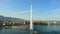 Aerial drone flight over fontain Jet D`Eau at Geneve lake, Geneva Switzerland, 4k.