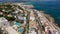 Aerial drone footage of the beach front on the Spanish island of Majorca Mallorca, Spain viewed from above on a bright sunny