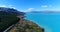 Aerial drone footage of lake Pukaki and southern alps South Island New Zealand