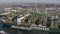 Aerial, drone footage of a large container vessel docked in port of Long Beach