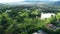 Aerial drone footage view putting green and beautiful turf golf course