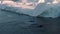 Aerial drone of group of Humpback whales by icebergs on Greenland