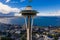 Aerial drone image Seattle Space Needle with view of Elliott Bay