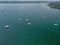 Aerial drone image of a windy and foggy day over Rockland Harbor in Maine